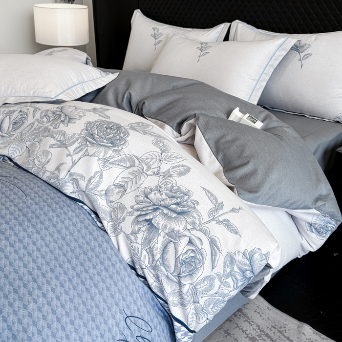 91家纺网 家纺一手货源 找家纺 曲之慕 2025直播爆款纯棉磨毛 高克重加厚全棉磨毛印花四件套 温妮莎-蓝