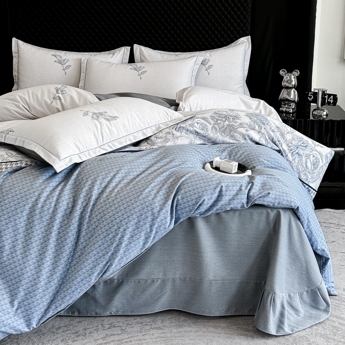 91家纺网 家纺一手货源 找家纺 曲之慕 2025直播爆款纯棉磨毛 高克重加厚全棉磨毛印花四件套 温妮莎-蓝