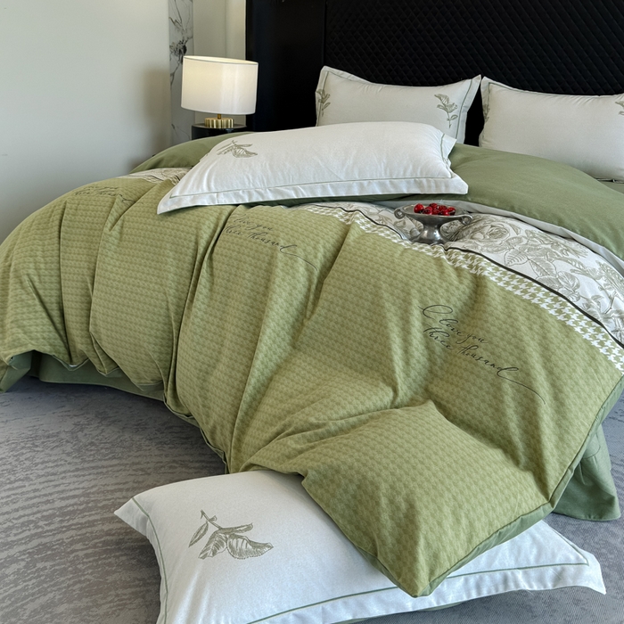 91家纺网 家纺一手货源 找家纺 曲之慕 2025直播爆款纯棉磨毛 高克重加厚全棉磨毛印花四件套 温妮莎-绿