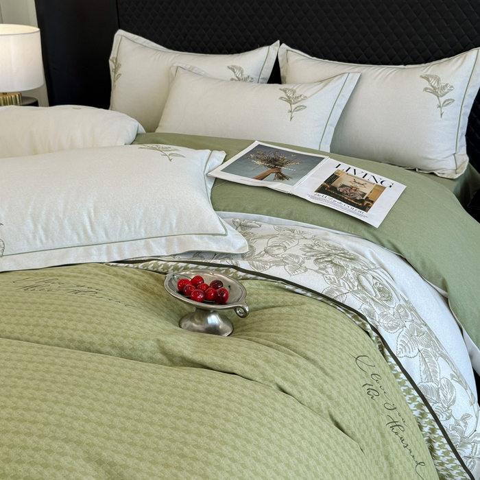 91家纺网 家纺一手货源 找家纺 曲之慕 2025直播爆款纯棉磨毛 高克重加厚全棉磨毛印花四件套 温妮莎-绿