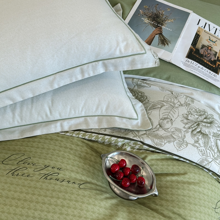 91家纺网 家纺一手货源 找家纺 曲之慕 2025直播爆款纯棉磨毛 高克重加厚全棉磨毛印花四件套 温妮莎-绿