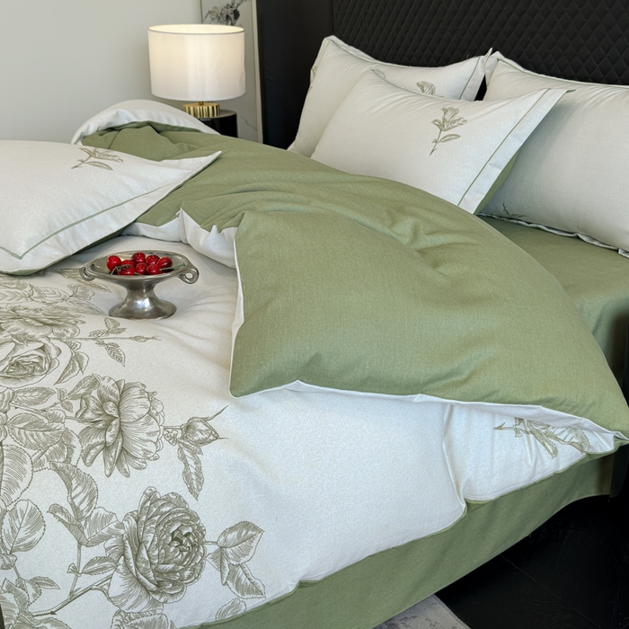 91家纺网 家纺一手货源 找家纺 曲之慕 2025直播爆款纯棉磨毛 高克重加厚全棉磨毛印花四件套 温妮莎-绿