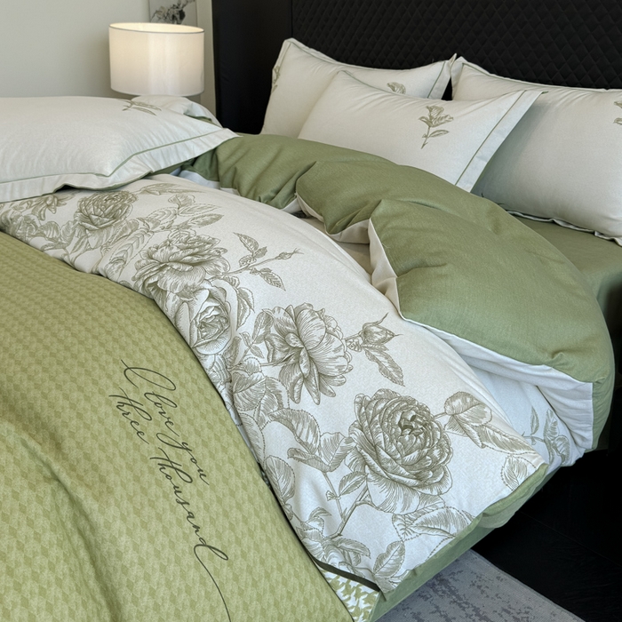 91家纺网 家纺一手货源 找家纺 曲之慕 2025直播爆款纯棉磨毛 高克重加厚全棉磨毛印花四件套 温妮莎-绿