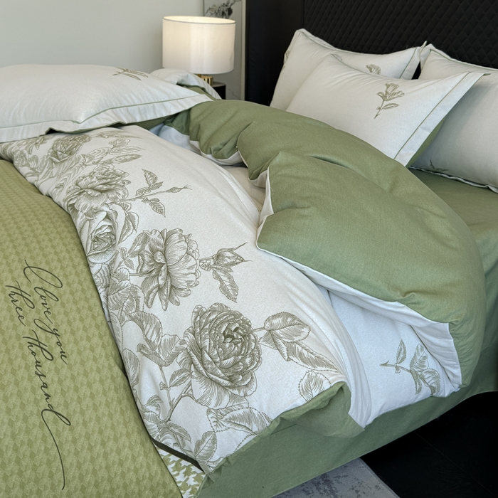 91家纺网 家纺一手货源 找家纺 曲之慕 2025直播爆款纯棉磨毛 高克重加厚全棉磨毛印花四件套 温妮莎-绿