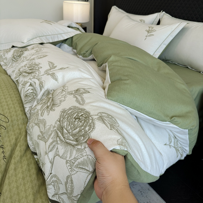 91家纺网 家纺一手货源 找家纺 曲之慕 2025直播爆款纯棉磨毛 高克重加厚全棉磨毛印花四件套 温妮莎-绿