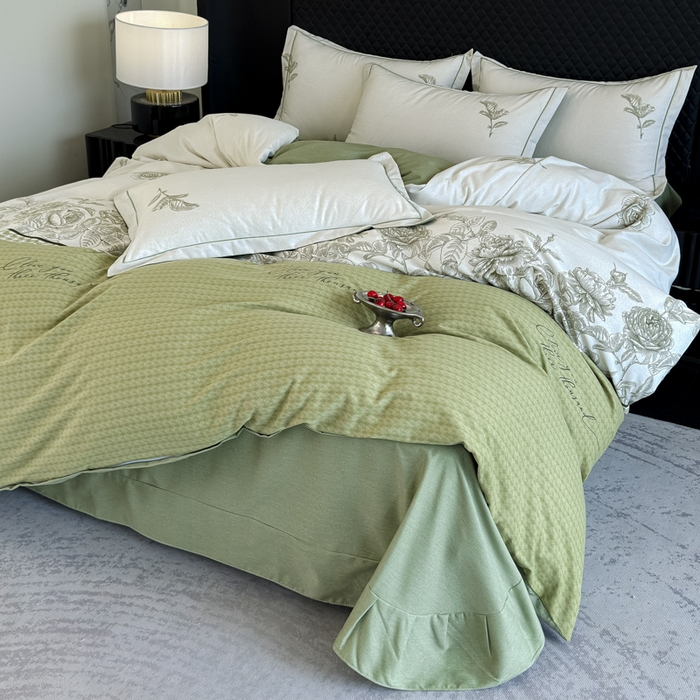 91家纺网 家纺一手货源 找家纺 曲之慕 2025直播爆款纯棉磨毛 高克重加厚全棉磨毛印花四件套 温妮莎-绿