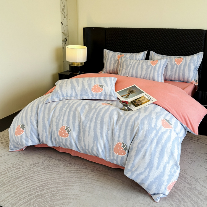 91家纺网 家纺一手货源 找家纺 曲之慕 2025直播爆款纯棉磨毛 高克重加厚全棉磨毛印花四件套 夏日风情-蓝