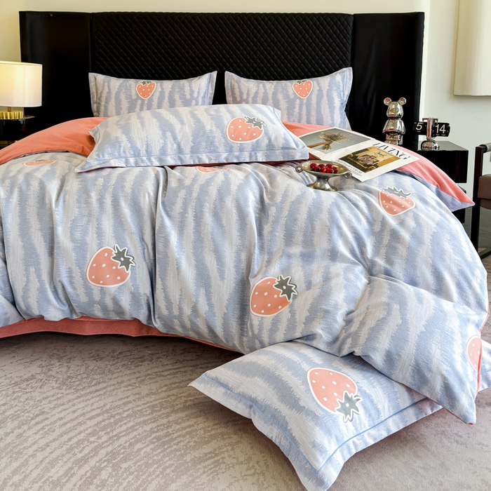 91家纺网 家纺一手货源 找家纺 曲之慕 2025直播爆款纯棉磨毛 高克重加厚全棉磨毛印花四件套 夏日风情-蓝