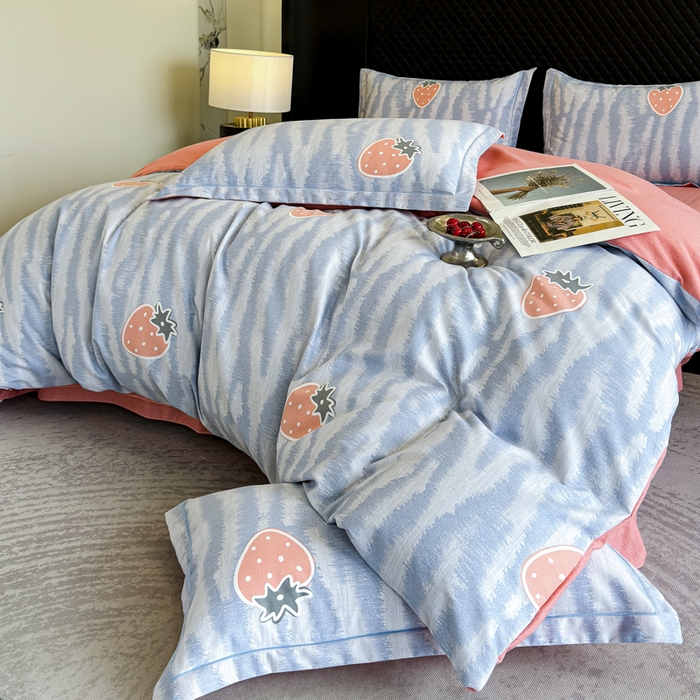 91家纺网 家纺一手货源 找家纺 曲之慕 2025直播爆款纯棉磨毛 高克重加厚全棉磨毛印花四件套 夏日风情-蓝