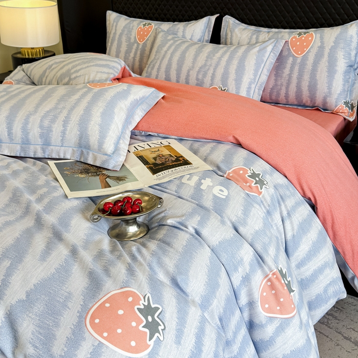 91家纺网 家纺一手货源 找家纺 曲之慕 2025直播爆款纯棉磨毛 高克重加厚全棉磨毛印花四件套 夏日风情-蓝