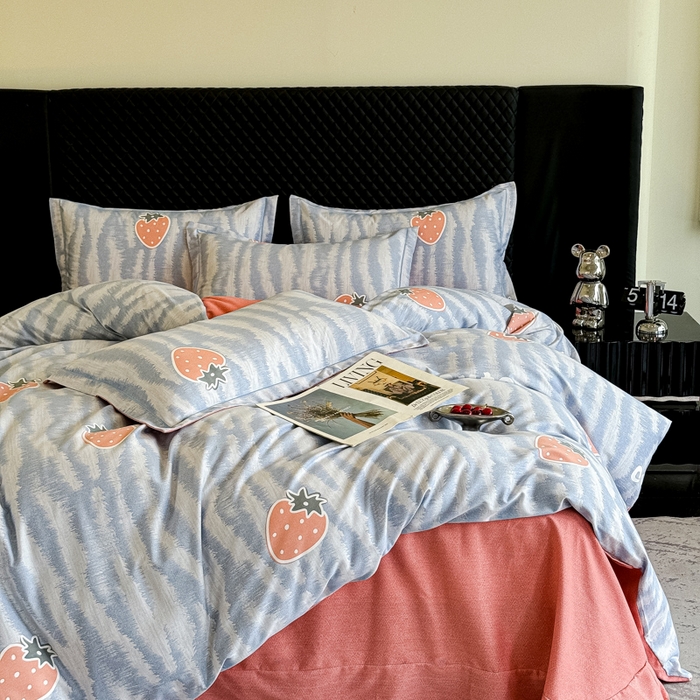 91家纺网 家纺一手货源 找家纺 曲之慕 2025直播爆款纯棉磨毛 高克重加厚全棉磨毛印花四件套 夏日风情-蓝