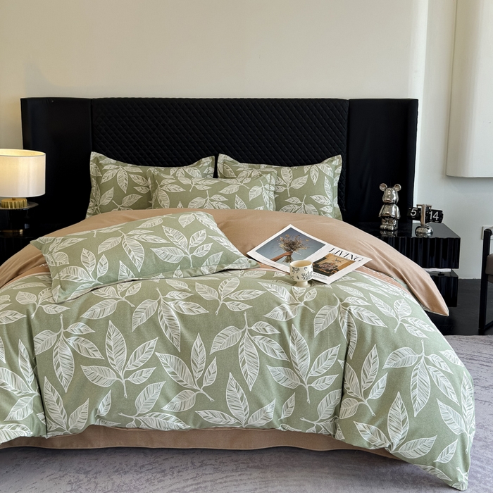 91家纺网 家纺一手货源 找家纺 曲之慕 2025直播爆款纯棉磨毛 高克重加厚全棉磨毛印花四件套 叶语倾城-绿