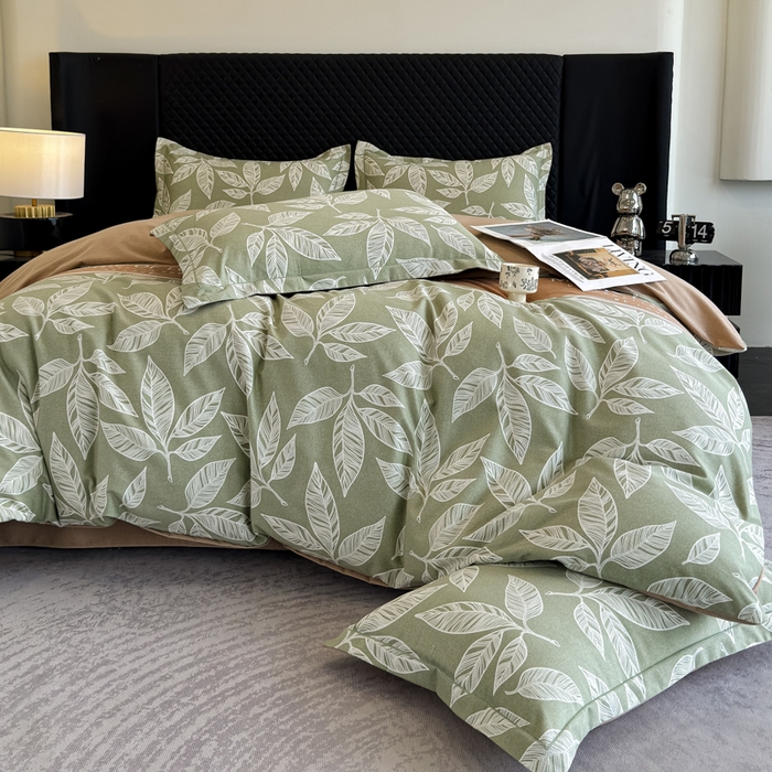 91家纺网 家纺一手货源 找家纺 曲之慕 2025直播爆款纯棉磨毛 高克重加厚全棉磨毛印花四件套 叶语倾城-绿