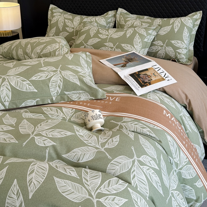 91家纺网 家纺一手货源 找家纺 曲之慕 2025直播爆款纯棉磨毛 高克重加厚全棉磨毛印花四件套 叶语倾城-绿