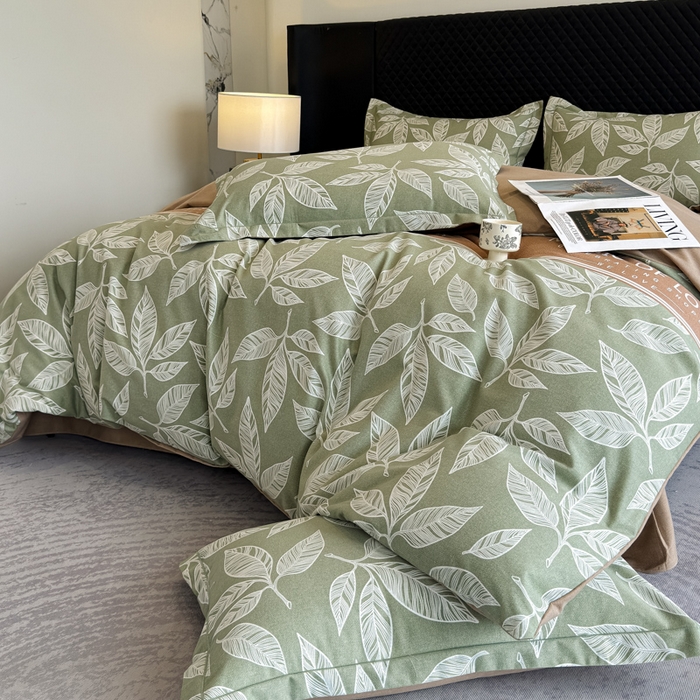 91家纺网 家纺一手货源 找家纺 曲之慕 2025直播爆款纯棉磨毛 高克重加厚全棉磨毛印花四件套 叶语倾城-绿