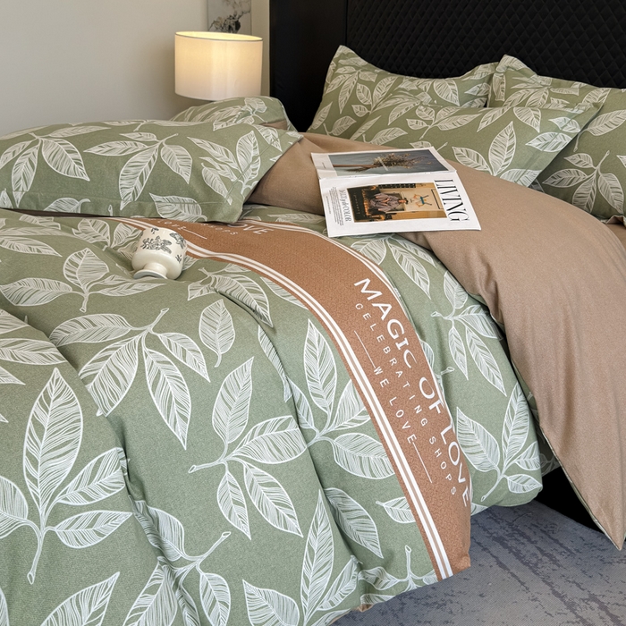 91家纺网 家纺一手货源 找家纺 曲之慕 2025直播爆款纯棉磨毛 高克重加厚全棉磨毛印花四件套 叶语倾城-绿