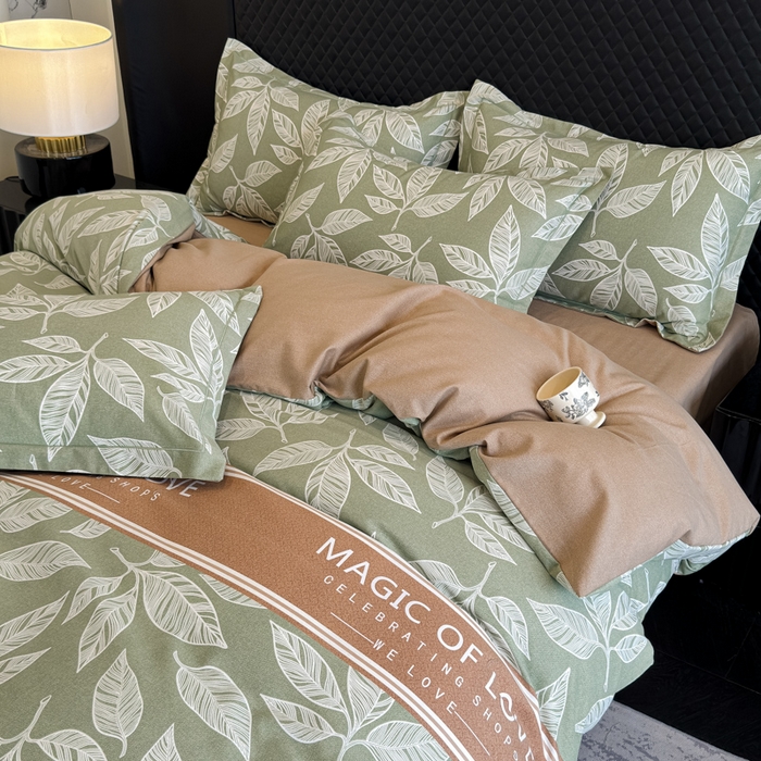 91家纺网 家纺一手货源 找家纺 曲之慕 2025直播爆款纯棉磨毛 高克重加厚全棉磨毛印花四件套 叶语倾城-绿