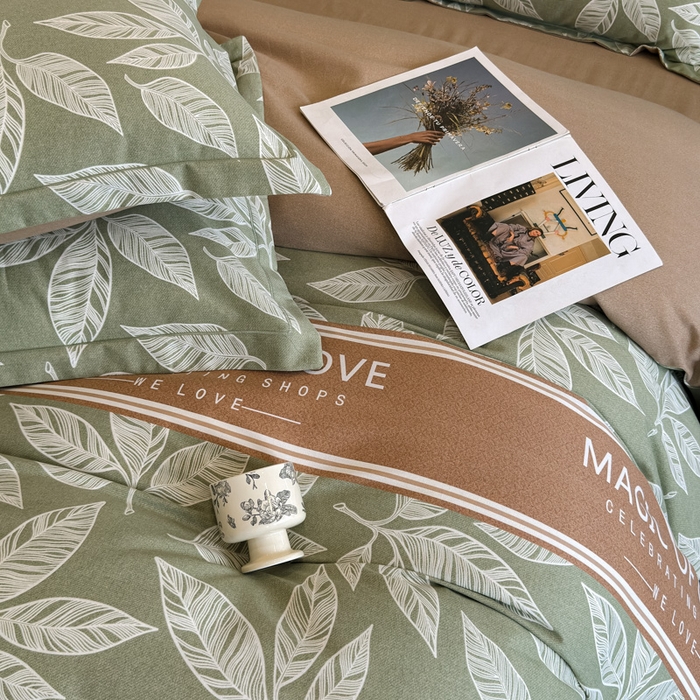 91家纺网 家纺一手货源 找家纺 曲之慕 2025直播爆款纯棉磨毛 高克重加厚全棉磨毛印花四件套 叶语倾城-绿