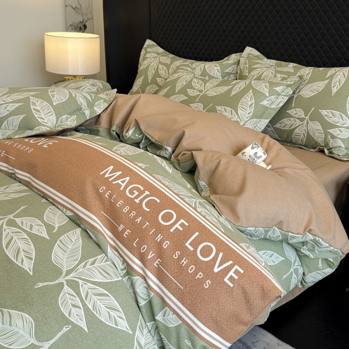 91家纺网 家纺一手货源 找家纺 曲之慕 2025直播爆款纯棉磨毛 高克重加厚全棉磨毛印花四件套 叶语倾城-绿