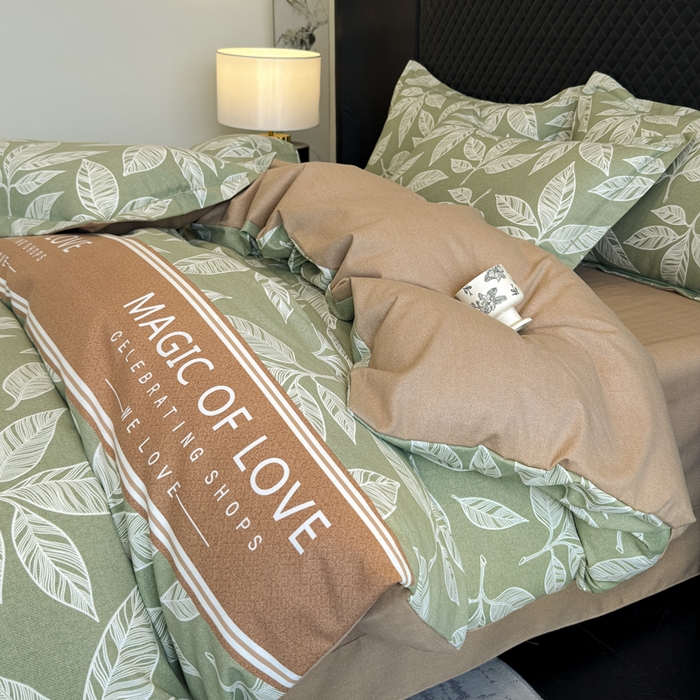 91家纺网 家纺一手货源 找家纺 曲之慕 2025直播爆款纯棉磨毛 高克重加厚全棉磨毛印花四件套 叶语倾城-绿