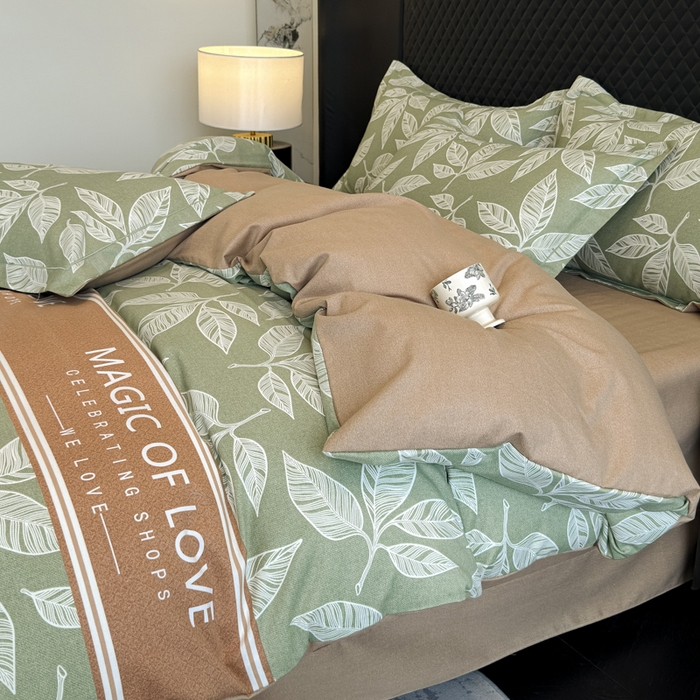 91家纺网 家纺一手货源 找家纺 曲之慕 2025直播爆款纯棉磨毛 高克重加厚全棉磨毛印花四件套 叶语倾城-绿