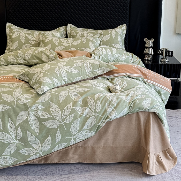 91家纺网 家纺一手货源 找家纺 曲之慕 2025直播爆款纯棉磨毛 高克重加厚全棉磨毛印花四件套 叶语倾城-绿