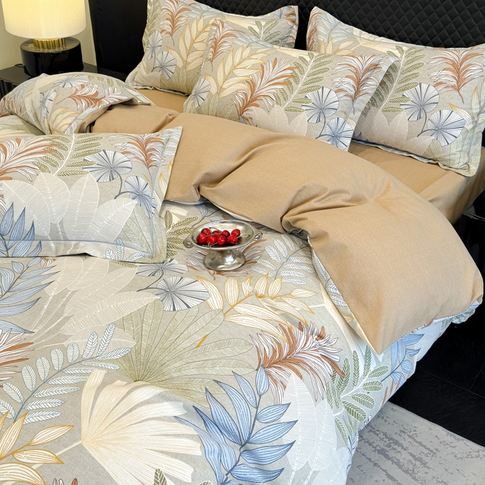 91家纺网 家纺一手货源 找家纺 曲之慕 2025直播爆款纯棉磨毛 高克重加厚全棉磨毛印花四件套 夜影-咖