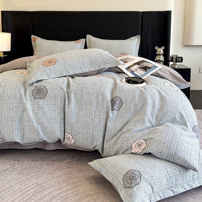 91家纺网 家纺一手货源 找家纺 曲之慕 2025直播爆款纯棉磨毛 高克重加厚全棉磨毛印花四件套 知心玫瑰-蓝