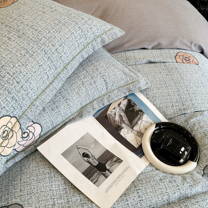 91家纺网 家纺一手货源 找家纺 曲之慕 2025直播爆款纯棉磨毛 高克重加厚全棉磨毛印花四件套 知心玫瑰-蓝