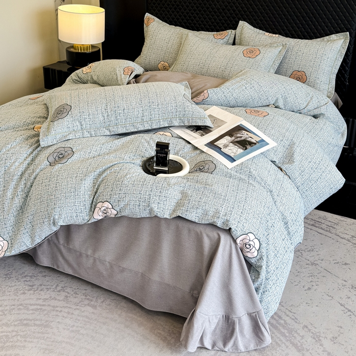 91家纺网 家纺一手货源 找家纺 曲之慕 2025直播爆款纯棉磨毛 高克重加厚全棉磨毛印花四件套 知心玫瑰-蓝