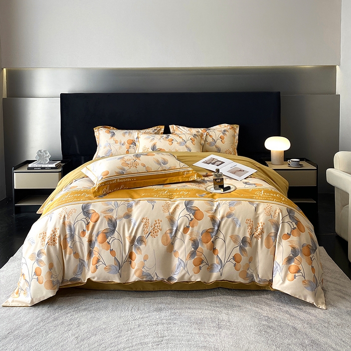 曲之慕 2025直播爆款纯棉磨毛 高克重加厚全棉磨毛印花四件套 秋实-黄