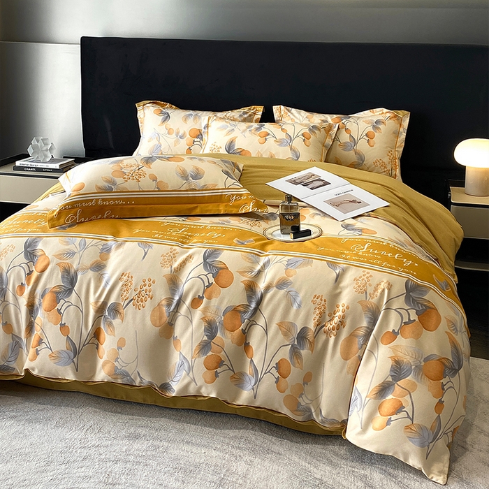 91家纺网 家纺一手货源 找家纺 曲之慕 2025直播爆款纯棉磨毛 高克重加厚全棉磨毛印花四件套 秋实-黄