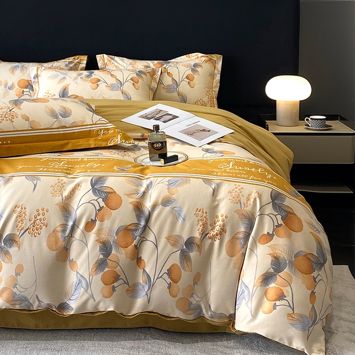 91家纺网 家纺一手货源 找家纺 曲之慕 2025直播爆款纯棉磨毛 高克重加厚全棉磨毛印花四件套 秋实-黄