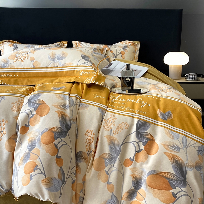 91家纺网 家纺一手货源 找家纺 曲之慕 2025直播爆款纯棉磨毛 高克重加厚全棉磨毛印花四件套 秋实-黄