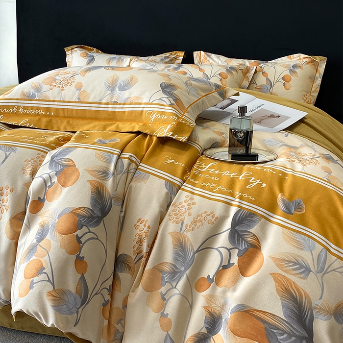 91家纺网 家纺一手货源 找家纺 曲之慕 2025直播爆款纯棉磨毛 高克重加厚全棉磨毛印花四件套 秋实-黄