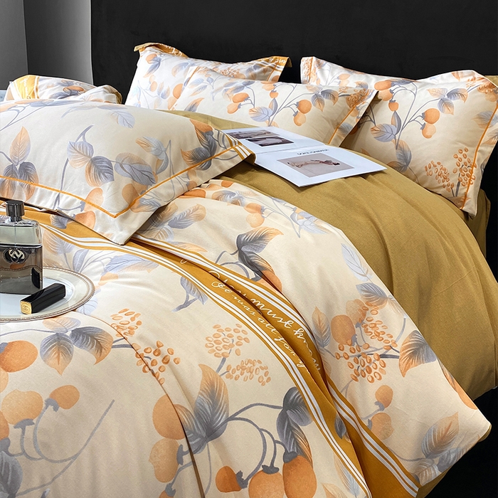 91家纺网 家纺一手货源 找家纺 曲之慕 2025直播爆款纯棉磨毛 高克重加厚全棉磨毛印花四件套 秋实-黄