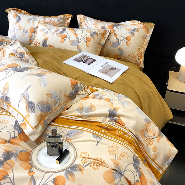 91家纺网 家纺一手货源 找家纺 曲之慕 2025直播爆款纯棉磨毛 高克重加厚全棉磨毛印花四件套 秋实-黄