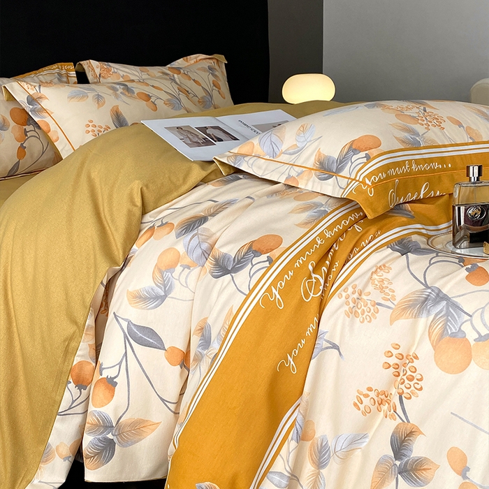 91家纺网 家纺一手货源 找家纺 曲之慕 2025直播爆款纯棉磨毛 高克重加厚全棉磨毛印花四件套 秋实-黄