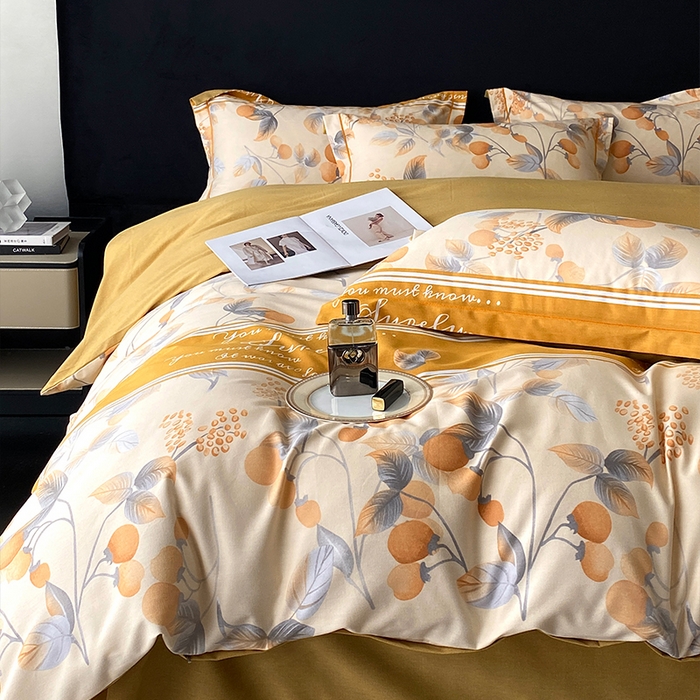 91家纺网 家纺一手货源 找家纺 曲之慕 2025直播爆款纯棉磨毛 高克重加厚全棉磨毛印花四件套 秋实-黄