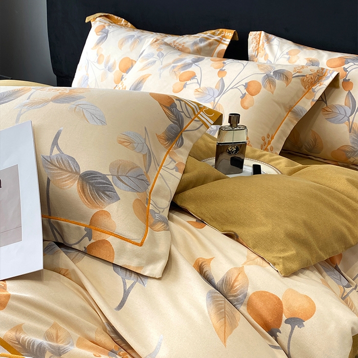 91家纺网 家纺一手货源 找家纺 曲之慕 2025直播爆款纯棉磨毛 高克重加厚全棉磨毛印花四件套 秋实-黄