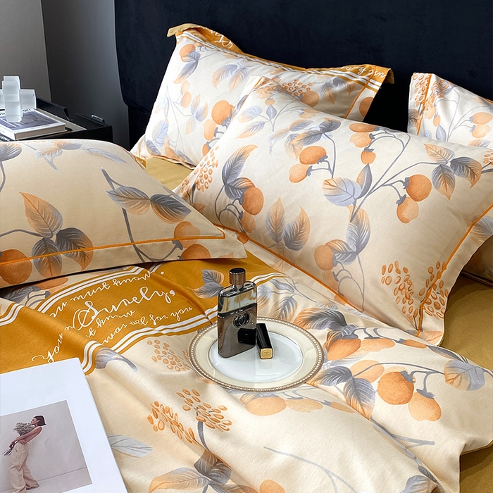 91家纺网 家纺一手货源 找家纺 曲之慕 2025直播爆款纯棉磨毛 高克重加厚全棉磨毛印花四件套 秋实-黄