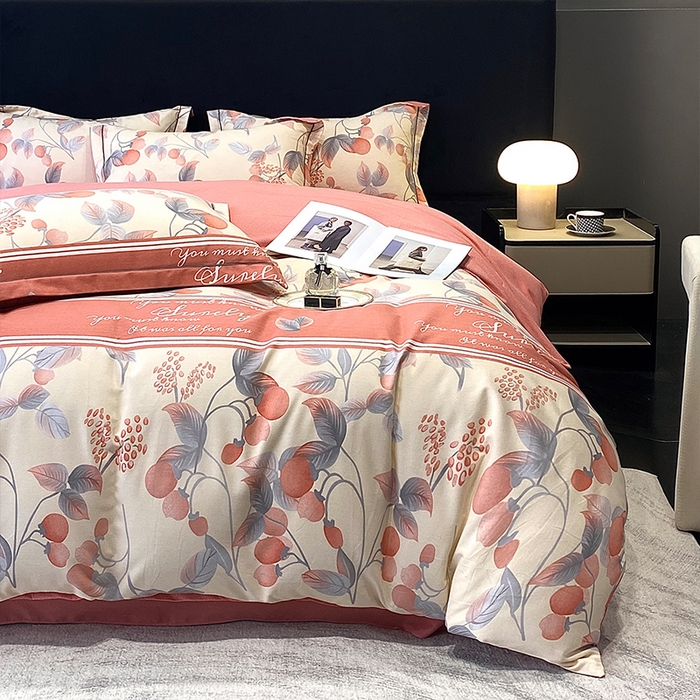 91家纺网 家纺一手货源 找家纺 曲之慕 2025直播爆款纯棉磨毛 高克重加厚全棉磨毛印花四件套 秋实-粉