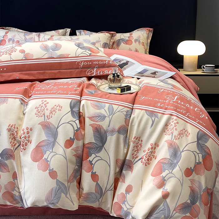 91家纺网 家纺一手货源 找家纺 曲之慕 2025直播爆款纯棉磨毛 高克重加厚全棉磨毛印花四件套 秋实-粉