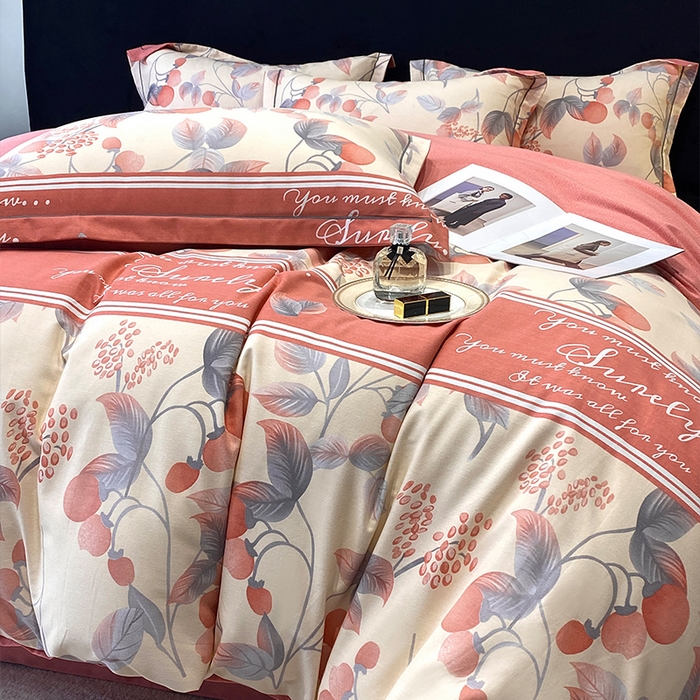 91家纺网 家纺一手货源 找家纺 曲之慕 2025直播爆款纯棉磨毛 高克重加厚全棉磨毛印花四件套 秋实-粉