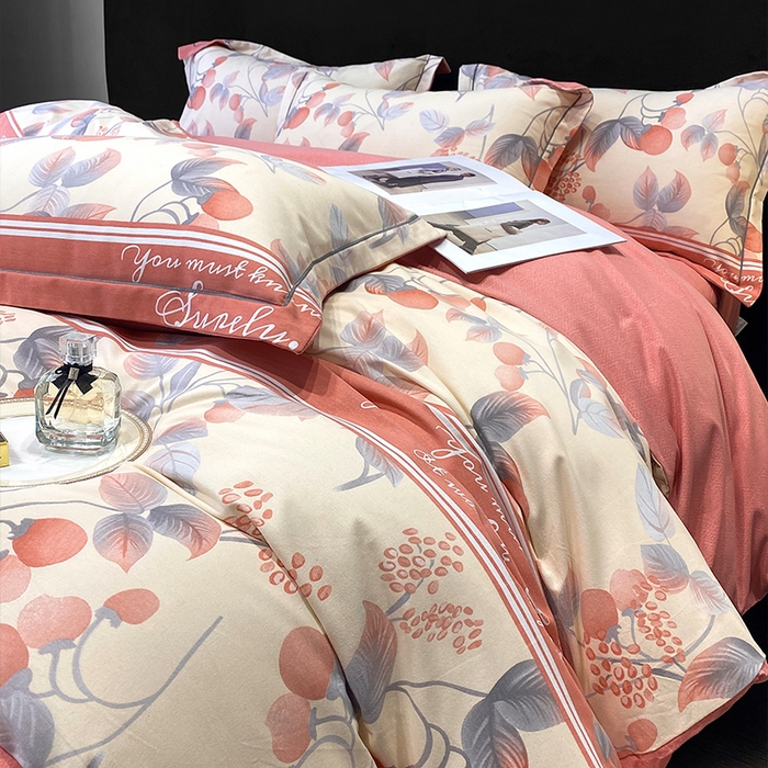 91家纺网 家纺一手货源 找家纺 曲之慕 2025直播爆款纯棉磨毛 高克重加厚全棉磨毛印花四件套 秋实-粉