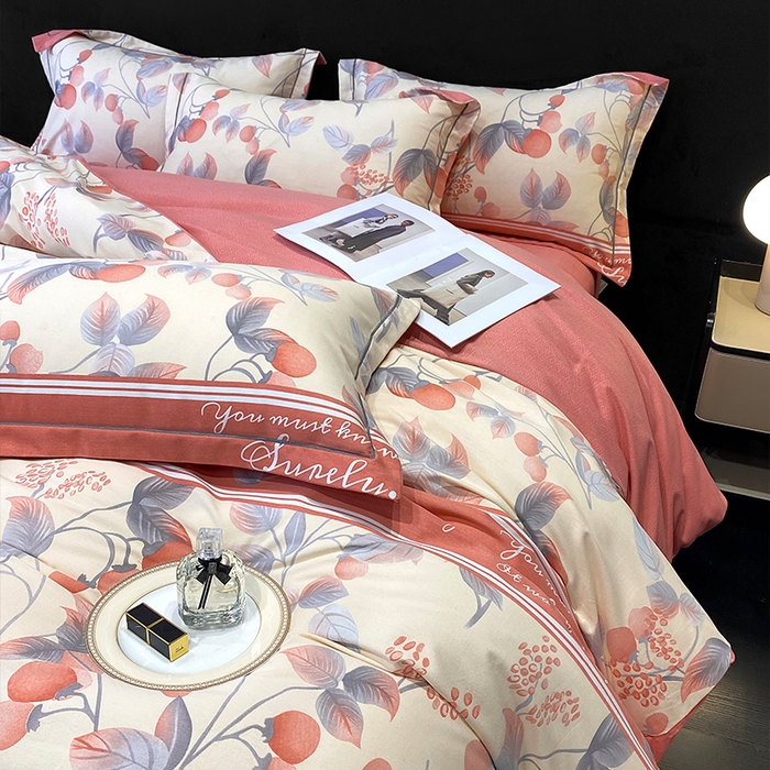 91家纺网 家纺一手货源 找家纺 曲之慕 2025直播爆款纯棉磨毛 高克重加厚全棉磨毛印花四件套 秋实-粉