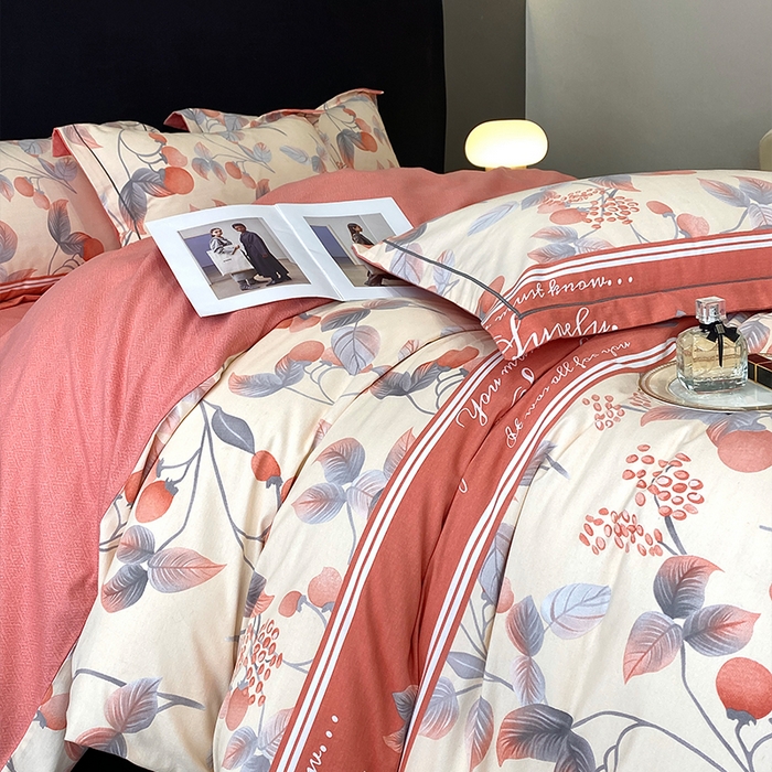 91家纺网 家纺一手货源 找家纺 曲之慕 2025直播爆款纯棉磨毛 高克重加厚全棉磨毛印花四件套 秋实-粉