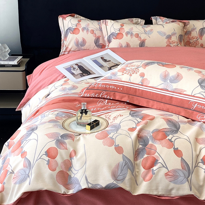 91家纺网 家纺一手货源 找家纺 曲之慕 2025直播爆款纯棉磨毛 高克重加厚全棉磨毛印花四件套 秋实-粉