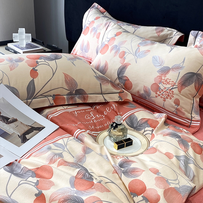 91家纺网 家纺一手货源 找家纺 曲之慕 2025直播爆款纯棉磨毛 高克重加厚全棉磨毛印花四件套 秋实-粉