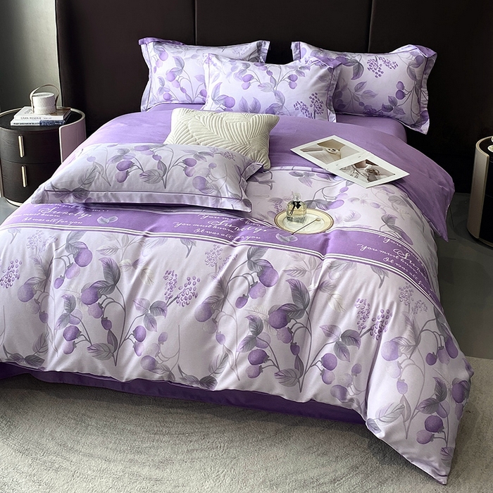 91家纺网 家纺一手货源 找家纺 曲之慕 2025直播爆款纯棉磨毛 高克重加厚全棉磨毛印花四件套 秋实-紫